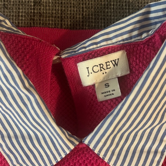 J. Crew Vibrant Pink Short Sleeve Sweater with Striped Collar - Picture 2 of 6